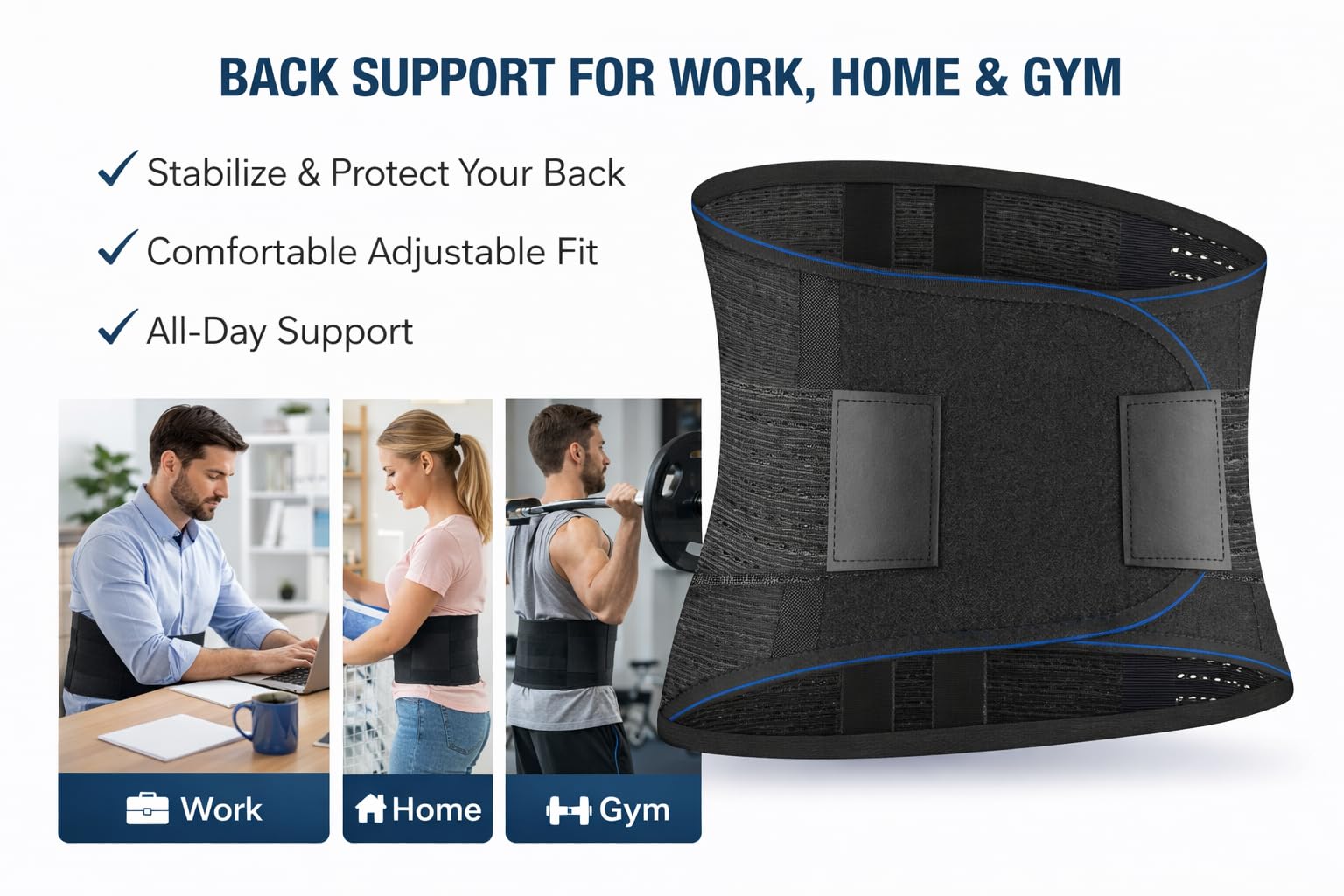 GRISHA Back Support Belt, Adjustable Lumbar Brace for Lower Back Pain Relief, Posture and Back Support for Men and Women